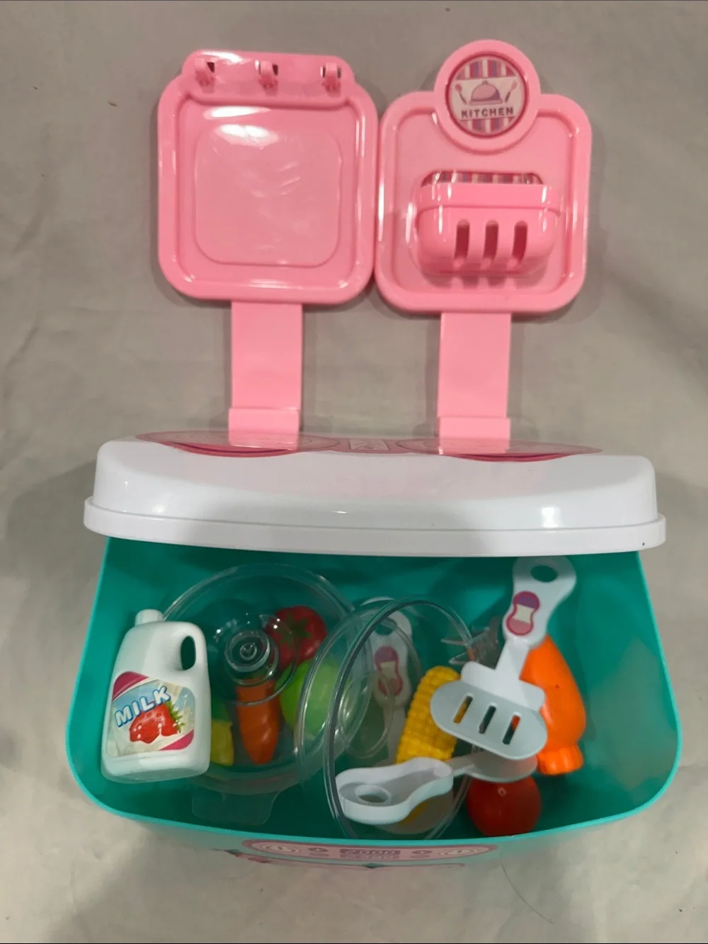 Kids Pretend Play Kitchen and Shopping Set with Pink and Teal Accessories